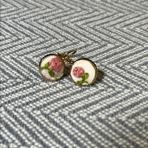7. Gold Tone Embroidered Pink Floral Earrings